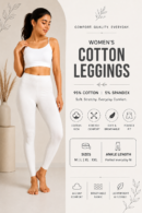 Ankle Length Cotton Spandex Leggings White 4 way stretch High-Waisted Ankle-Length Leggings