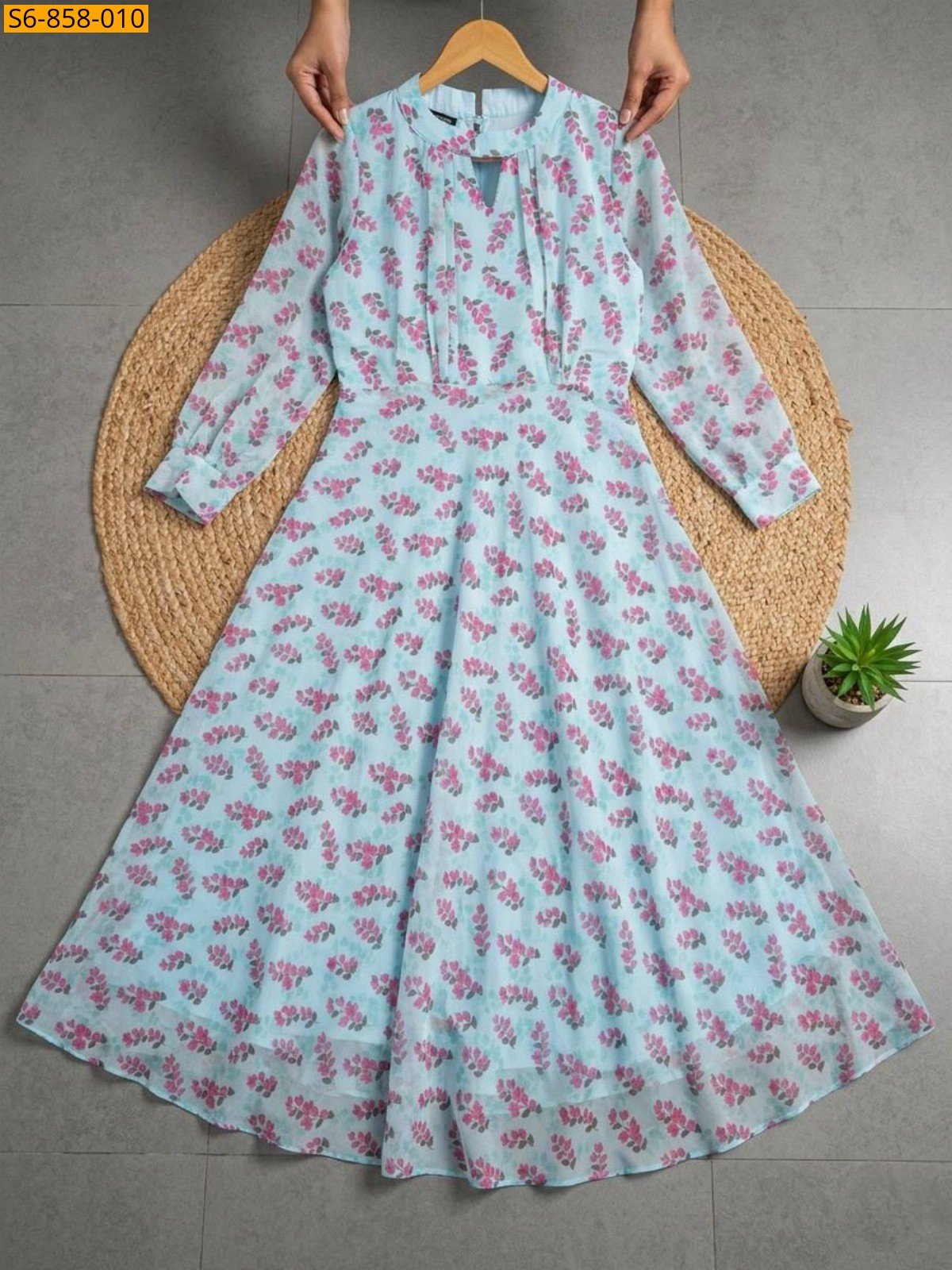 Women's Sky Blue Floral Printed Long Sleeve Fit & Flare Maxi Dress - Image 3