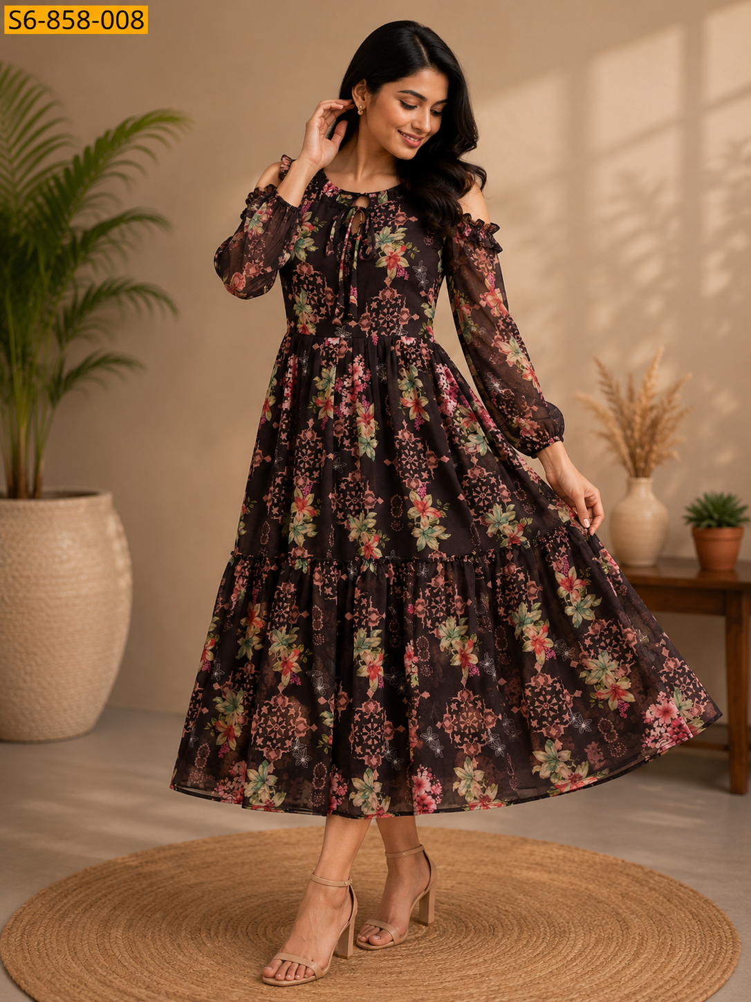 Women's Coffee Brown Floral Print Maxi Dress with Full Sleeves