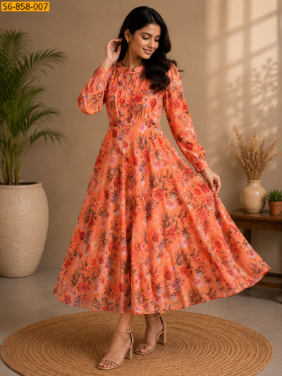 Women's Peach Floral Print A-Line Maxi Dress with Pintuck Detail and Full Sleeves