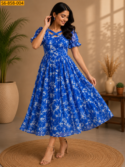 Women's Royal Blue Floral Print Maxi Dress with Criss-Cross Neck and Puff Sleeves