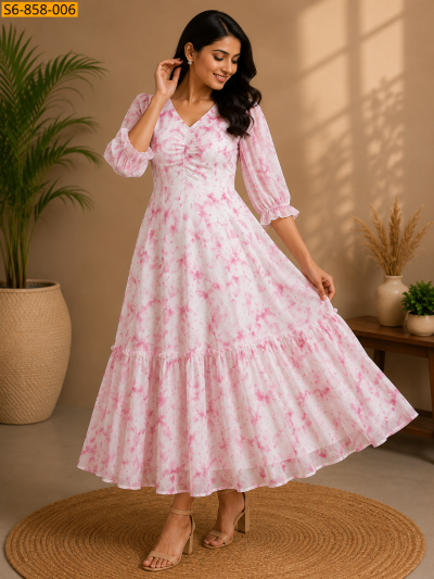 Women's Pink Tie-Dye Print Tiered Maxi Dress with V-Neck and Puff Sleeves