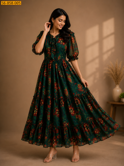 Women's Dark Green Floral Print Tiered Maxi Dress with Puff Sleeves
