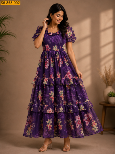 Women's Purple Floral Printed Layered Maxi Dress with Puff Sleeves | Elegant Party & Casual Wear