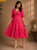 Women's Pink Floral Printed Fit & Flare Midi Dress with Puff Sleeves