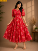 Women's Red Floral Printed Fit & Flare Midi Maxi Dress with Puff Sleeves