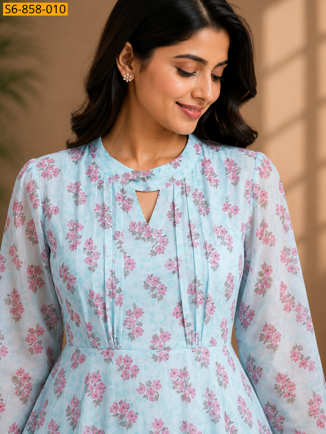 Women's Sky Blue Floral Printed Long Sleeve Fit & Flare Maxi Dress
